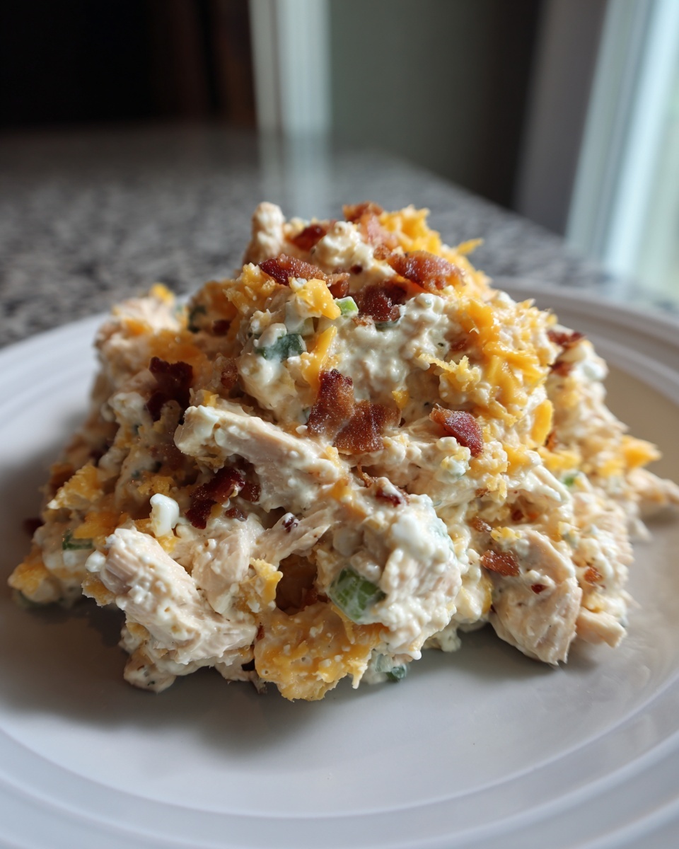 A mound of jalapeno popper chicken salad high protein topped with shredded cheddar and bacon bits on a white plate.