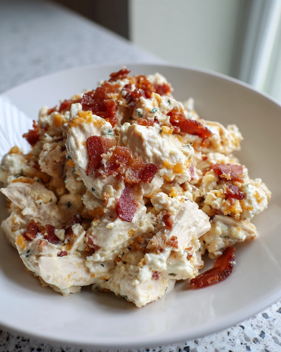 Close-up of a creamy jalapeno popper chicken salad high protein topped generously with crispy bacon crumbles.