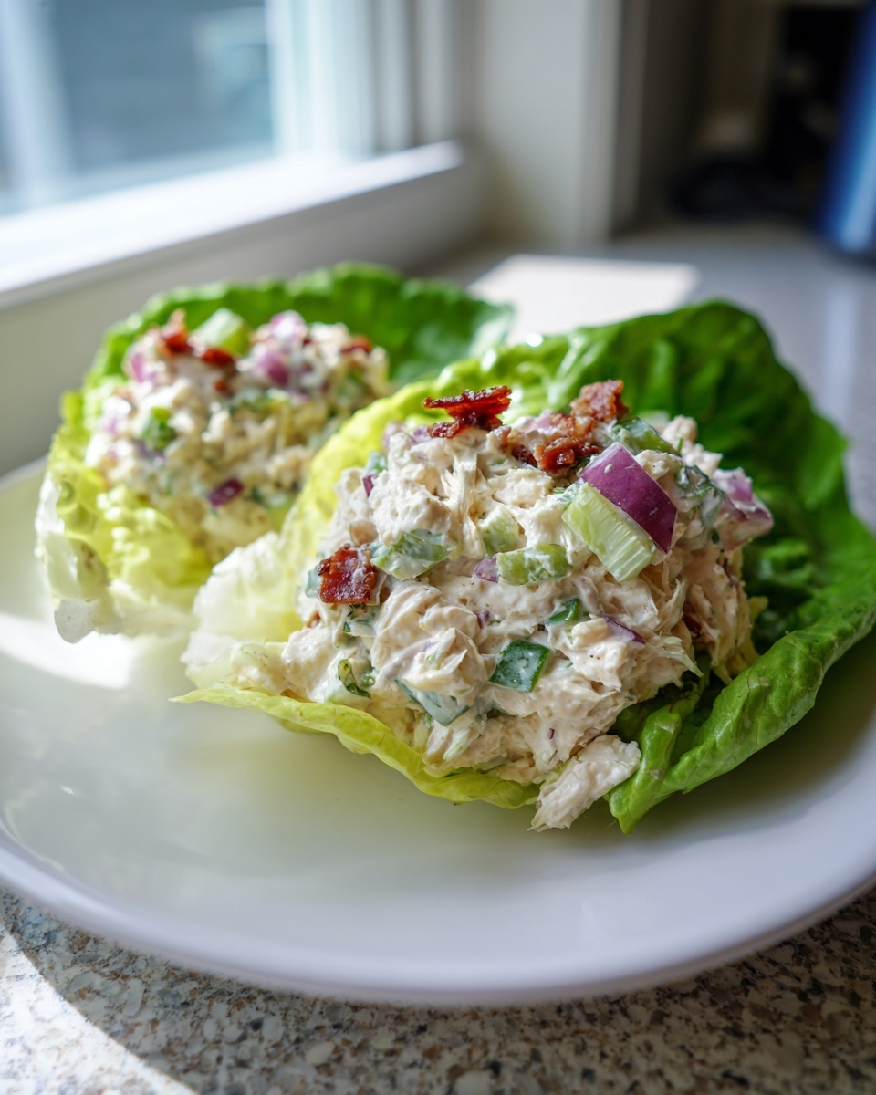 Two servings of Jalapeno Popper Chicken Salad served in crisp lettuce cups, topped with bacon.