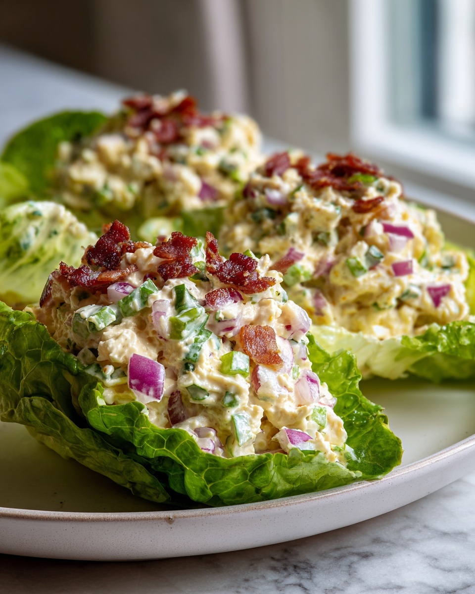 Three servings of Jalapeno Popper Chicken Salad scooped into crisp lettuce cups and topped with bacon.