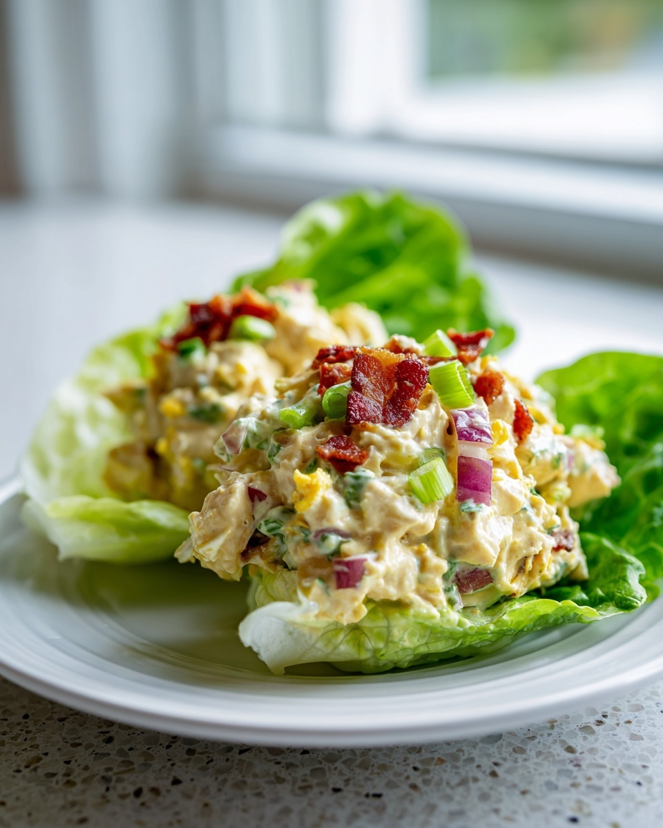 Two servings of creamy jalapeno popper chicken salad served in crisp lettuce cups, topped with bacon.