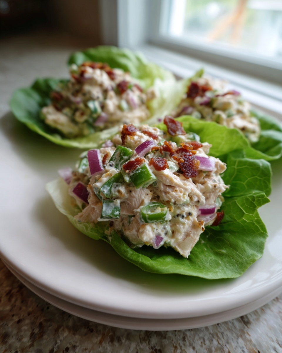 Three servings of jalapeno popper chicken salad served in crisp lettuce cups, topped with bacon.