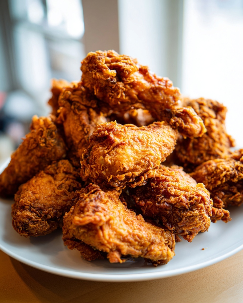 A close-up of a large pile of perfectly golden brown, crispy fried chicken wings stacked on a white plate.
