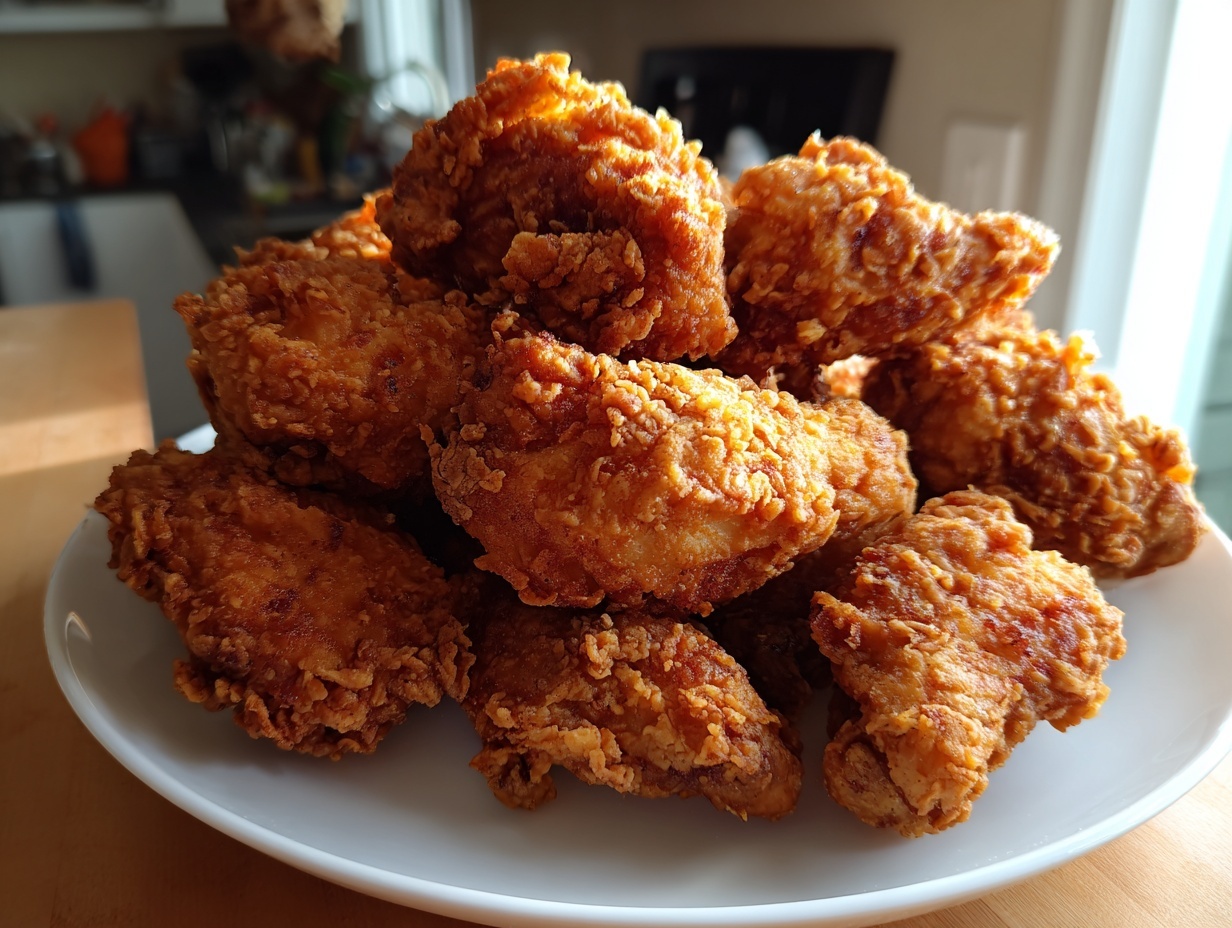 A close-up of a mound of golden-brown, crispy fried chicken wings stacked high on a white plate.
