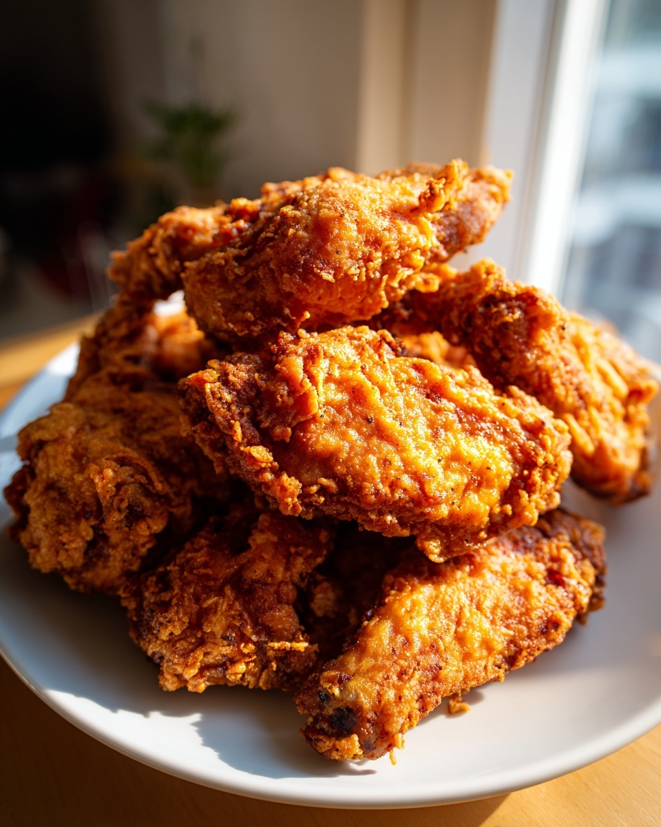 A close-up of a stack of golden brown, crispy fried chicken wings illuminated by natural light.
