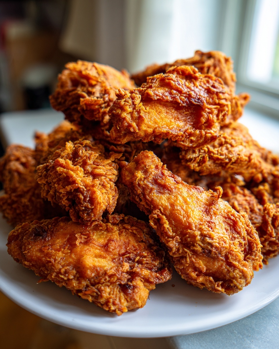 A close-up stack of golden brown, crispy fried chicken wings served on a white plate.