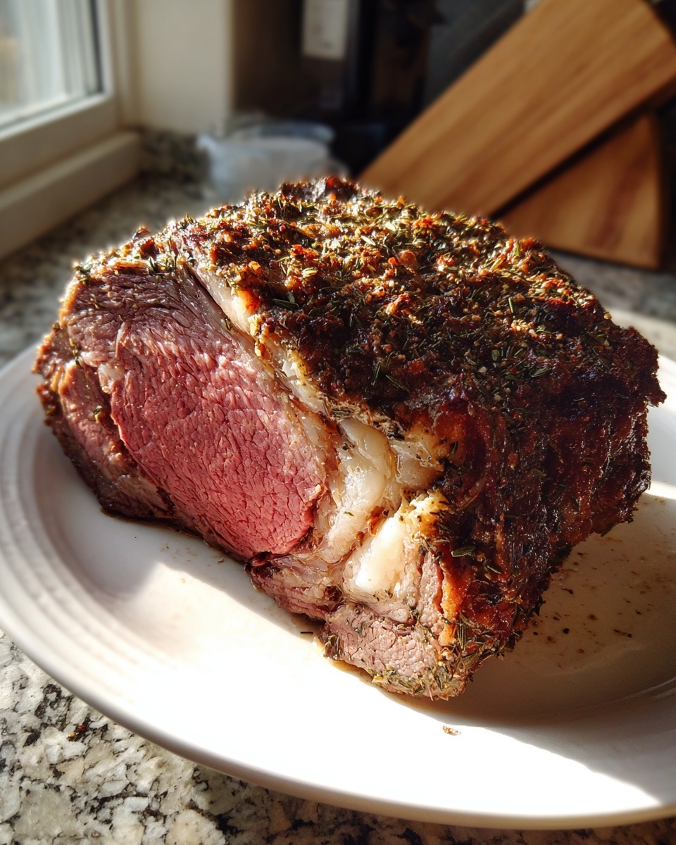 Close-up of a juicy, medium-rare rib roast with a dark, herbed crust resting on a white plate.