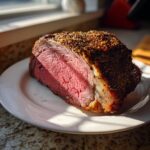 Close-up of a juicy rib roast showing a deep pink, medium-rare center and a dark, herb-crusted exterior.