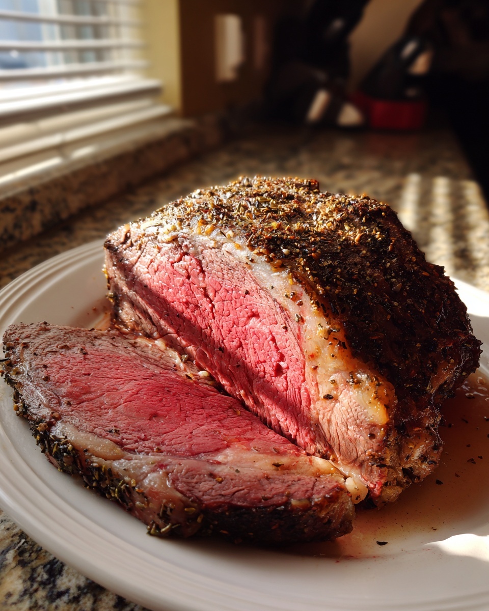 A juicy, medium-rare rib roast, heavily crusted with herbs and spices, sliced on a white plate.