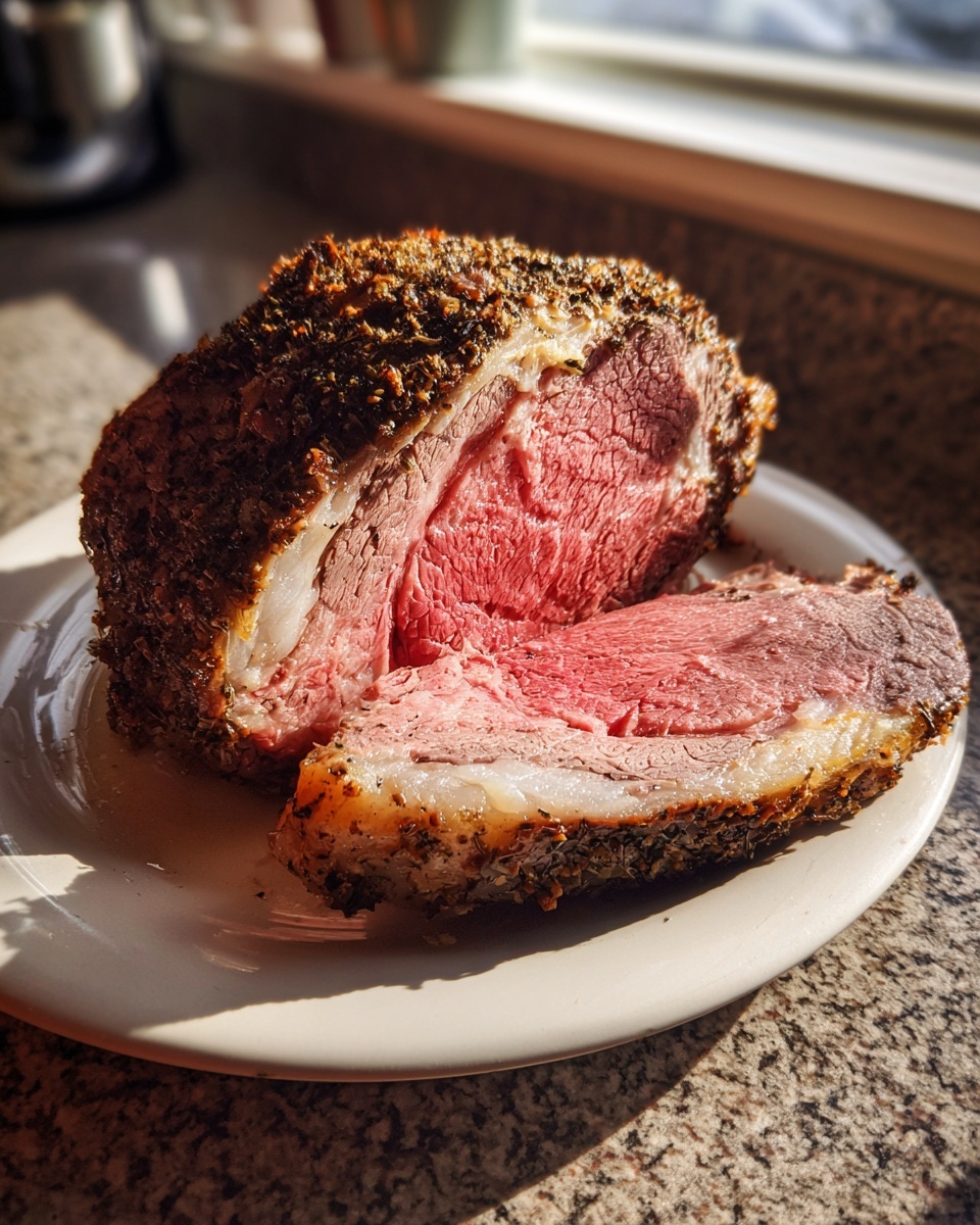 A juicy, medium-rare rib roast, sliced to show the pink center and herb crust.