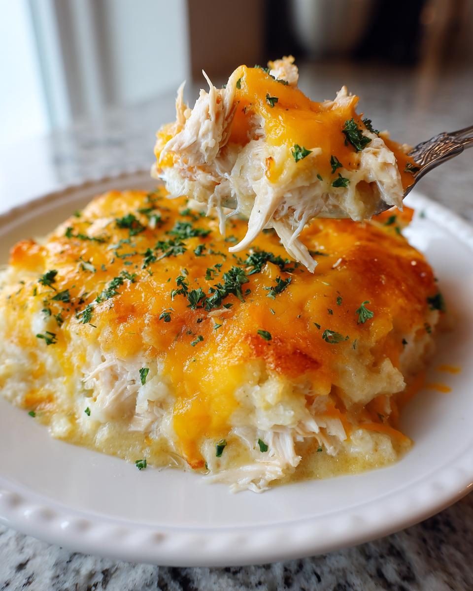 A fork lifting a bite of creamy keto chicken pot pie casserole topped with melted cheddar cheese and parsley.