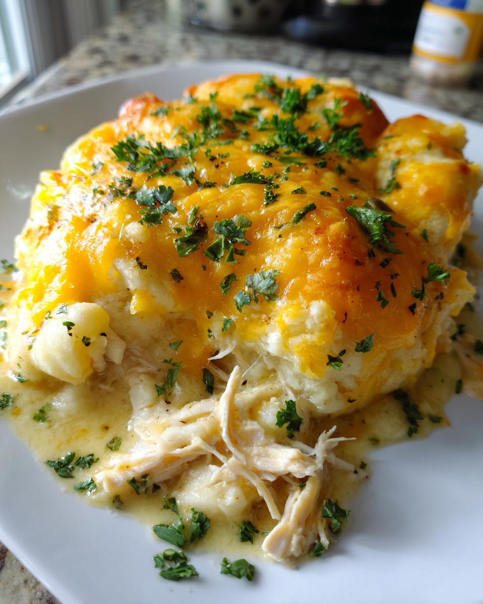A close-up of a serving of keto chicken pot pie casserole topped with melted cheddar cheese and fresh parsley.