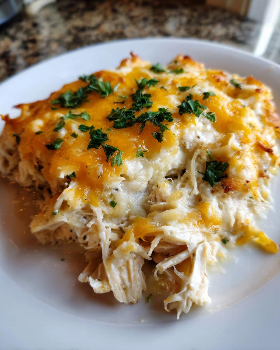 A close-up of a serving of keto chicken pot pie casserole, featuring shredded chicken topped with melted cheddar and white cheese, garnished with parsley.