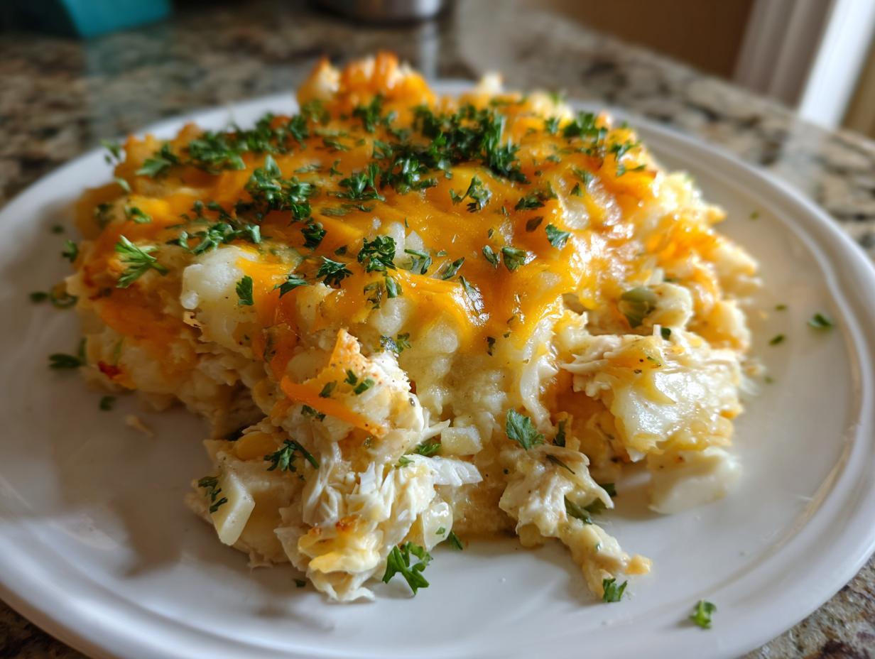 A hearty serving of keto chicken pot pie casserole topped with melted cheddar cheese and fresh parsley.