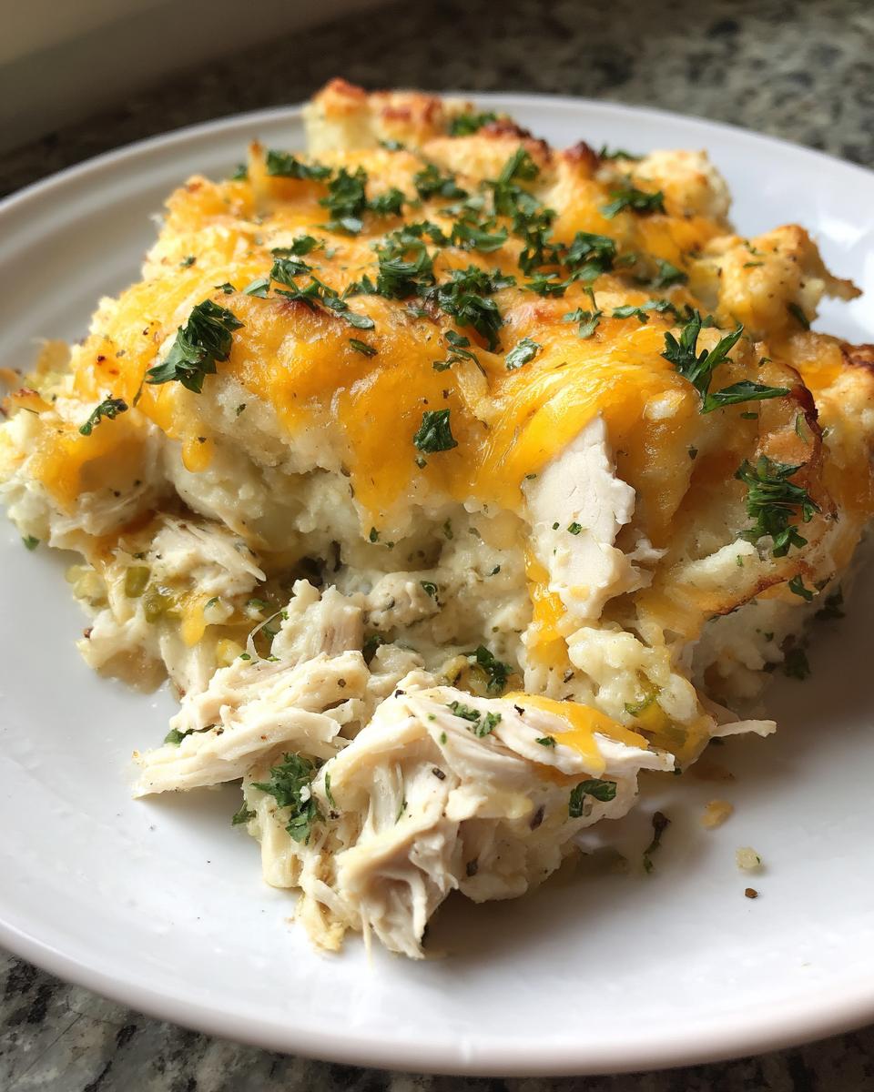 A close-up of a serving of keto chicken pot pie casserole showing shredded chicken, creamy filling, and melted cheddar cheese topping.