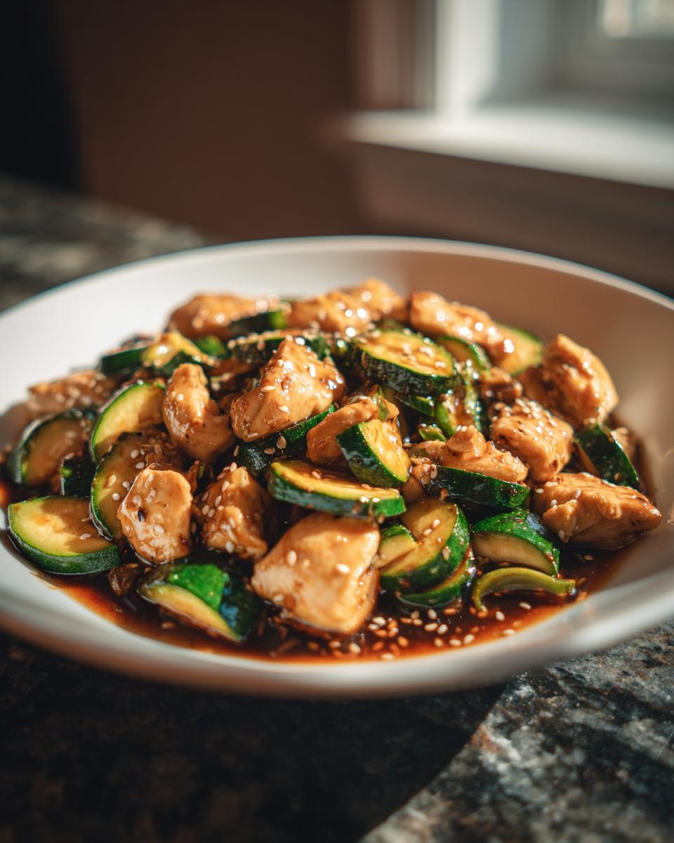 Close-up of keto chicken zucchini stir fry in a white bowl, coated in dark sauce and sprinkled with sesame seeds.
