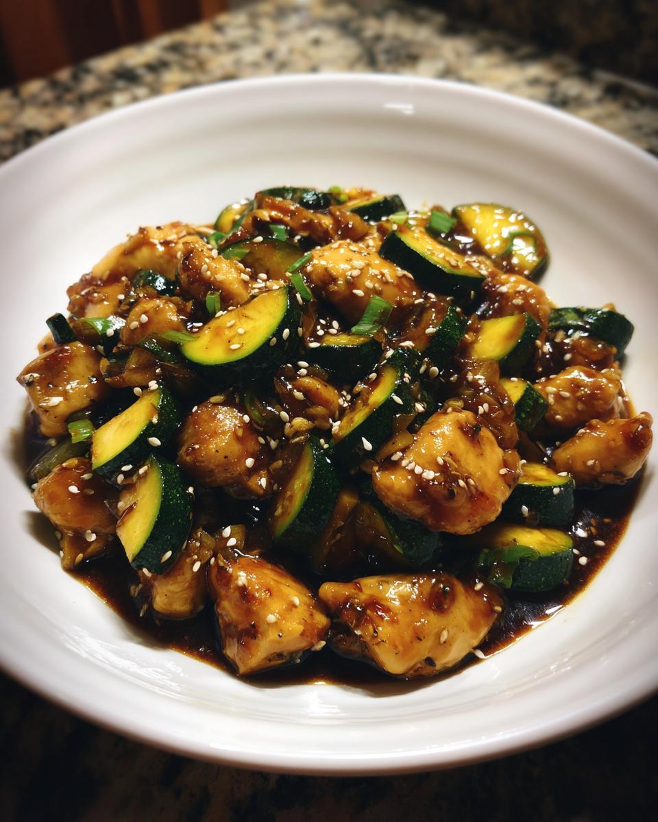 Close-up of keto chicken zucchini stir fry coated in a dark sauce and topped with sesame seeds.