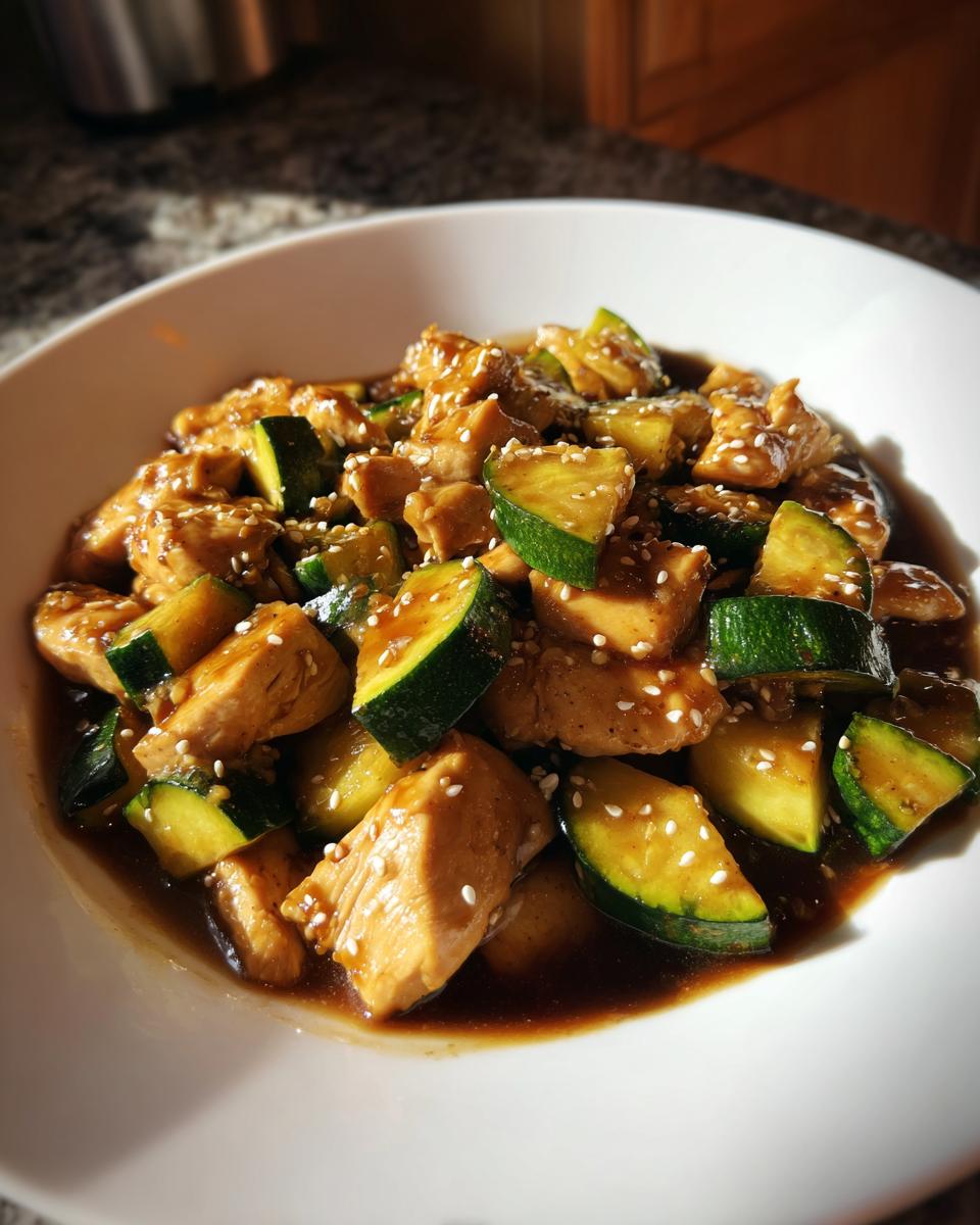 Close-up of keto chicken zucchini stir fry pieces coated in a savory sauce and topped with sesame seeds in a white bowl.