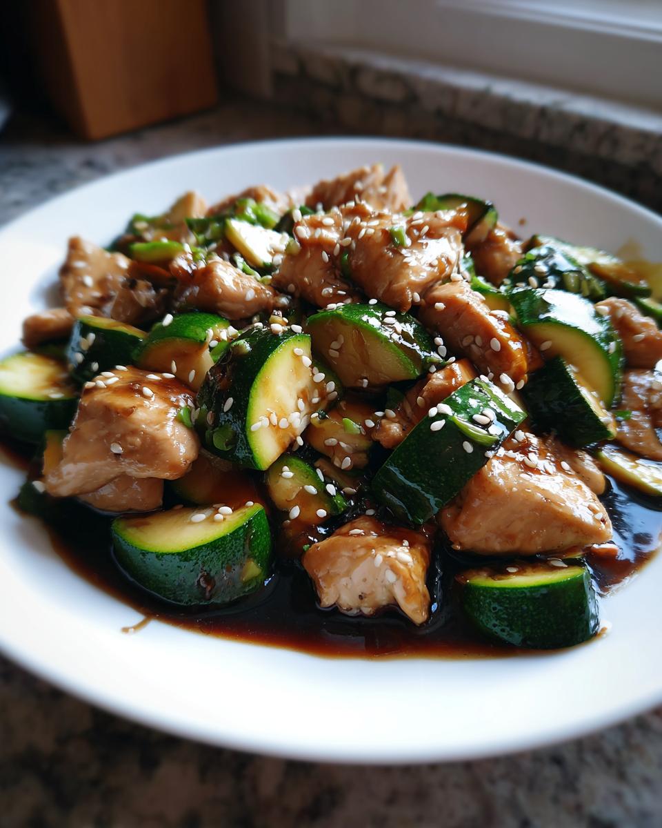 Close-up of keto chicken zucchini stir fry coated in dark sauce and topped with sesame seeds.