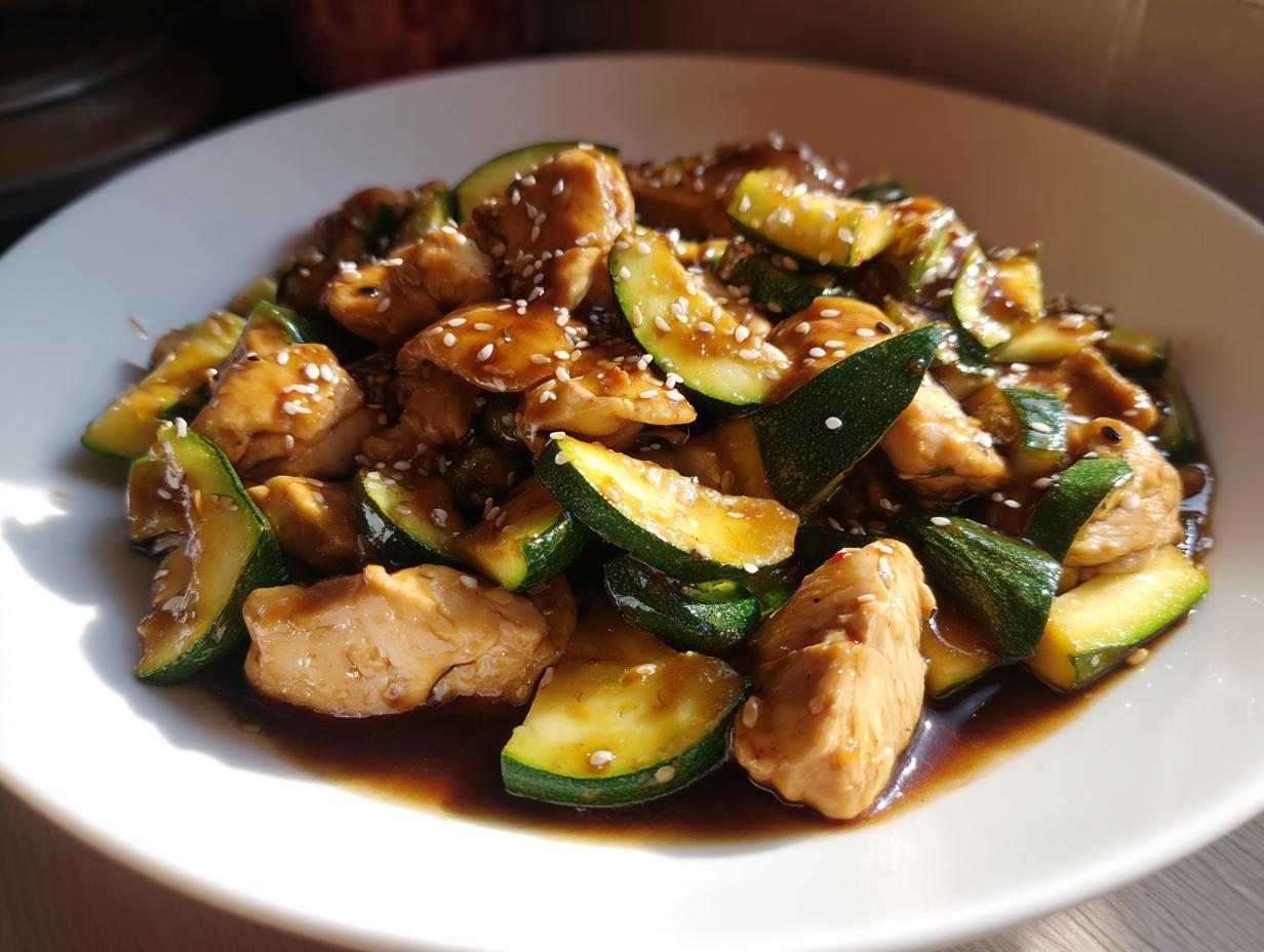 Close-up of keto chicken zucchini stir fry coated in a dark sauce and sprinkled with sesame seeds.