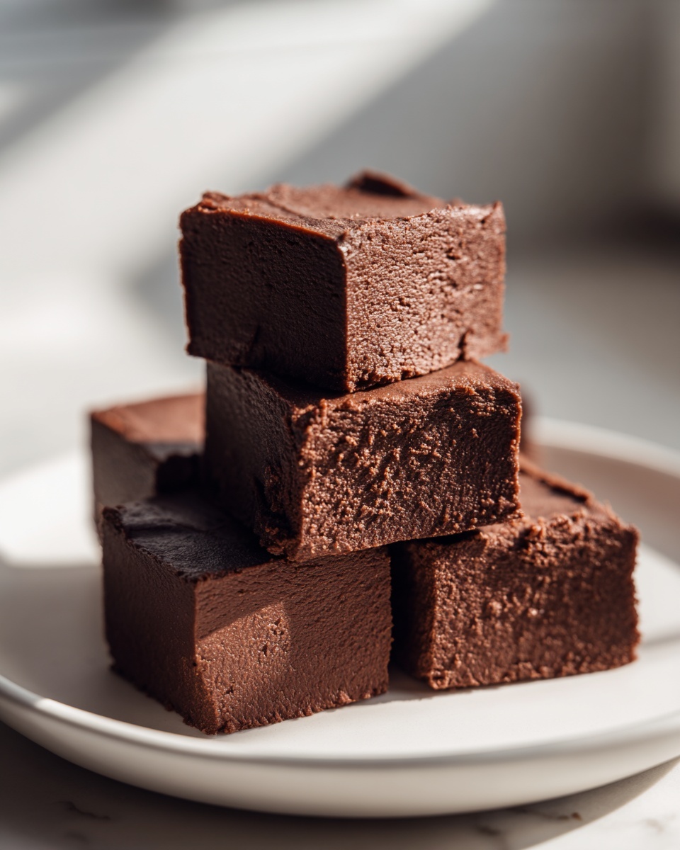 A stack of rich, dark brown squares of keto chocolate peanut butter fudge resting on a white plate.