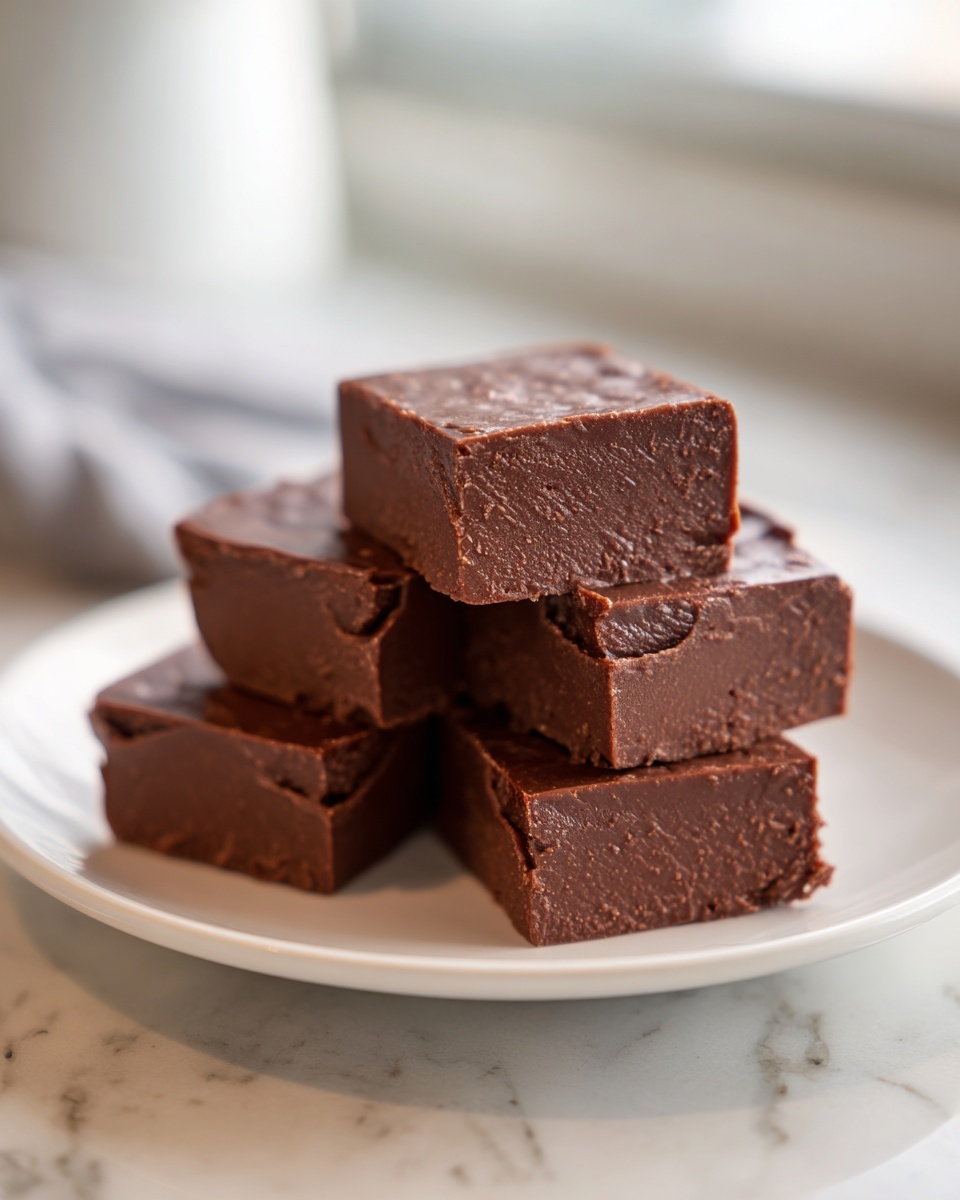 A stack of rich, dark brown keto chocolate peanut butter fudge squares on a white plate.