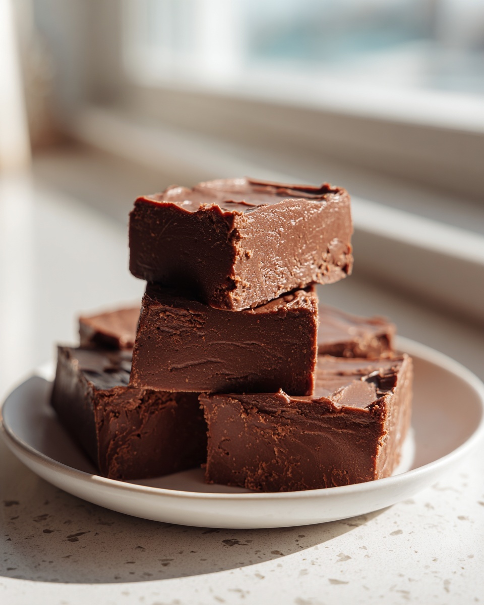 A stack of rich, dark chocolate squares of keto chocolate peanut butter fudge on a white plate.