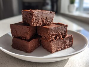 A stack of five rich, dark brown keto chocolate peanut butter fudge squares resting on a white plate.