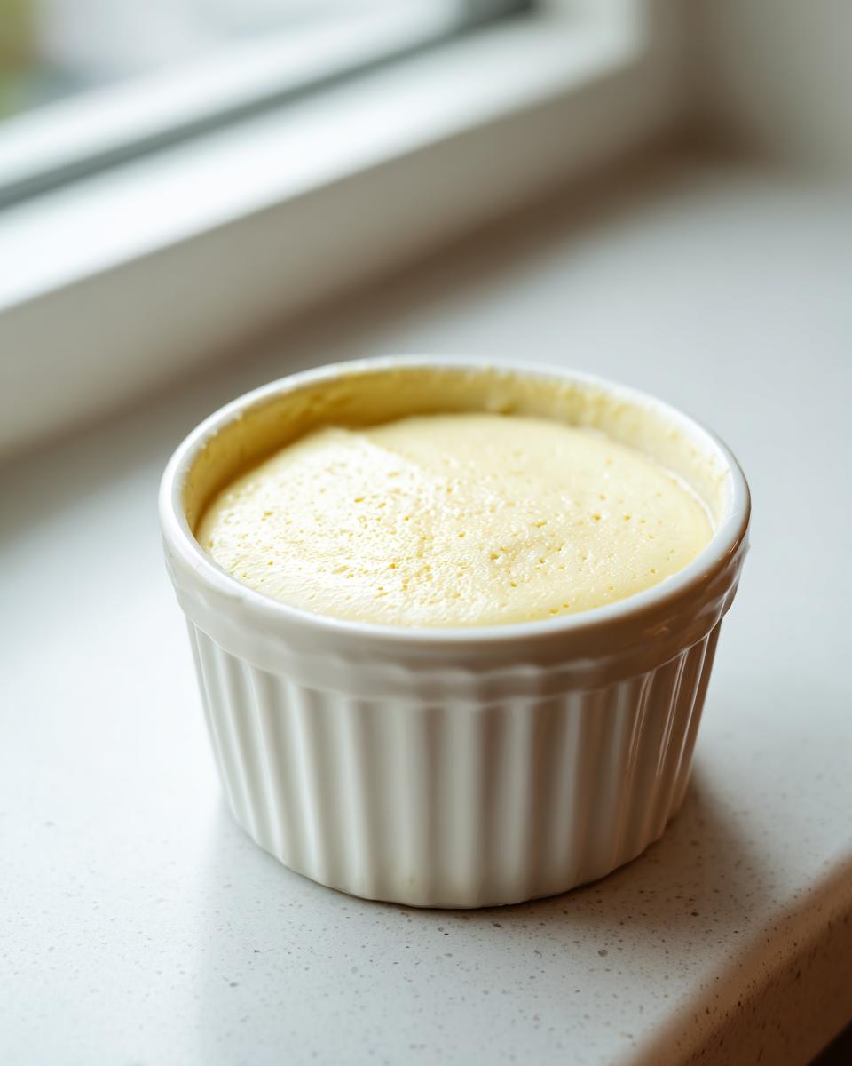 A single serving of light yellow keto egg custard baked in a white, fluted ramekin.