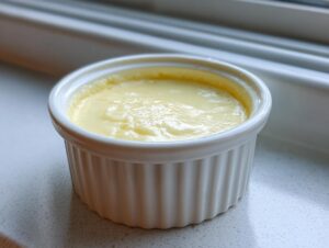 A single serving of creamy yellow keto egg custard baked in a white, fluted ramekin.