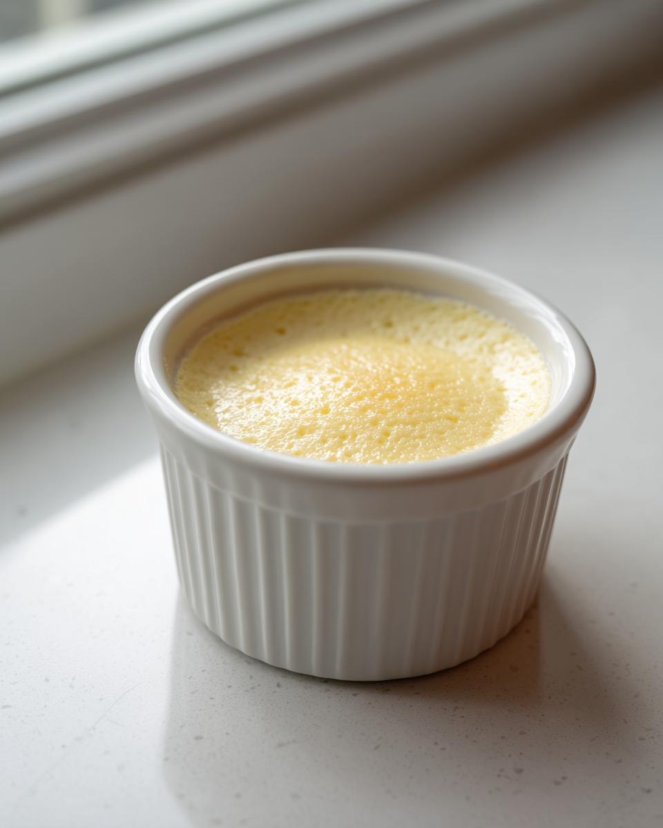 A single serving of smooth, yellow keto egg custard baked in a white fluted ramekin.