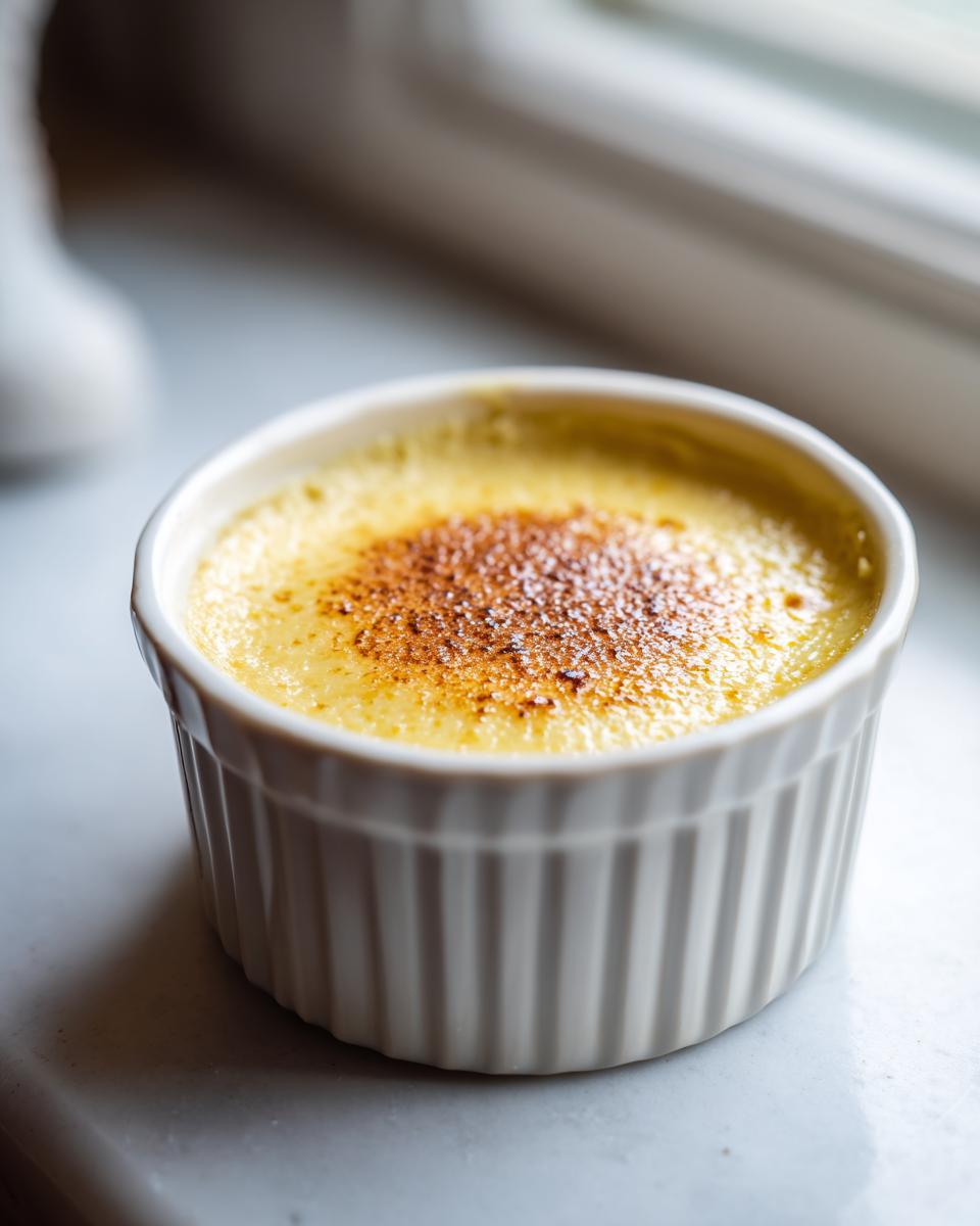 Close-up of a single serving keto egg custard with a caramelized, browned top in a white ramekin.