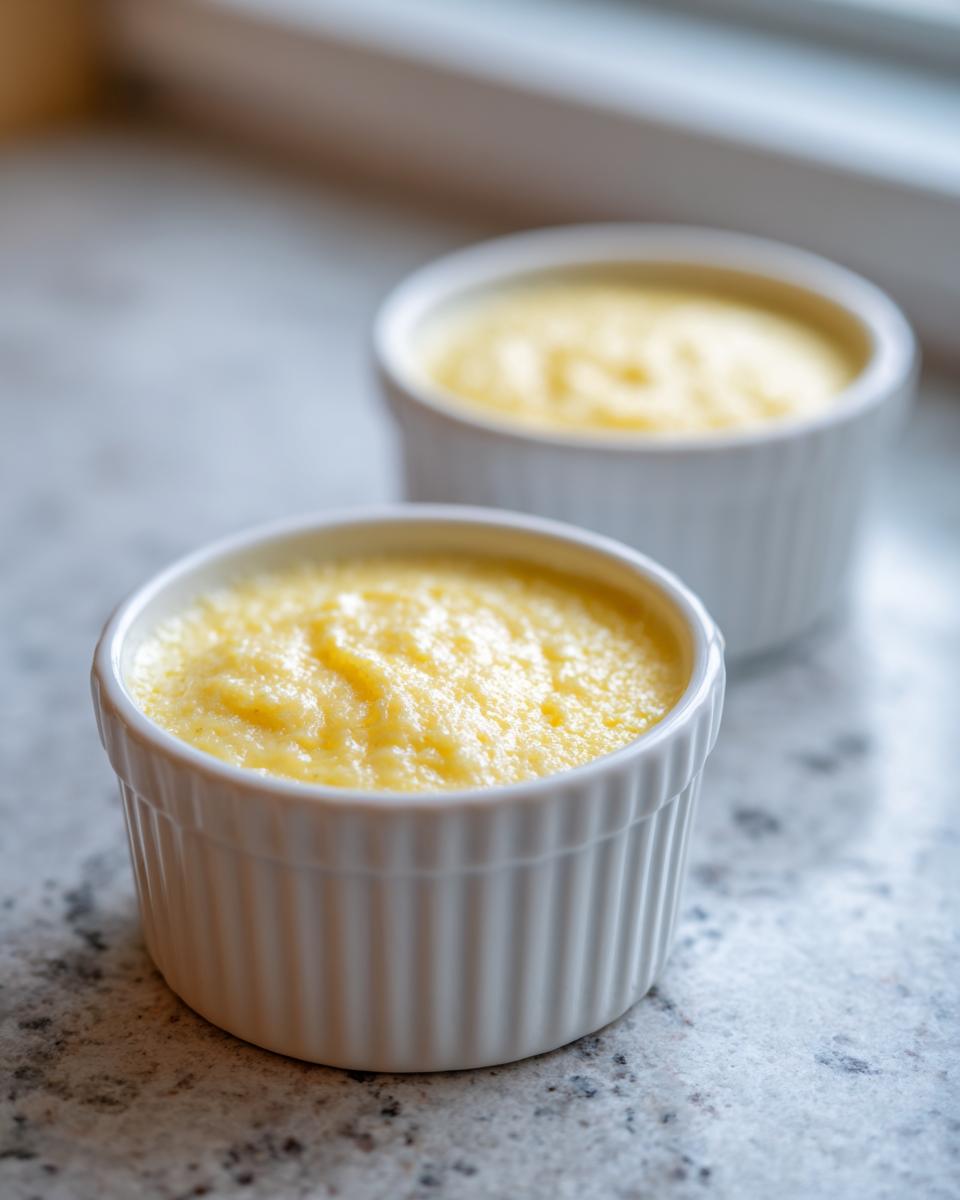Two servings of bright yellow keto egg custard presented in white, ribbed ramekins on a speckled countertop.