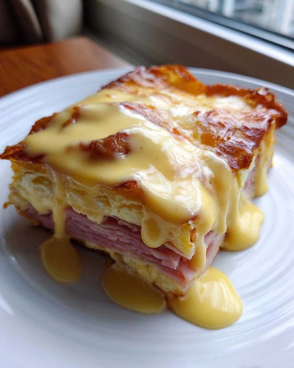 A square slice of keto eggs benedict casserole layered with ham and topped generously with rich hollandaise sauce.