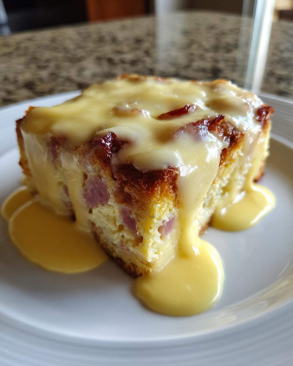 A square serving of keto eggs benedict casserole topped with rich hollandaise sauce, served on a white plate.