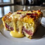 A thick slice of keto eggs benedict casserole topped with creamy hollandaise sauce and bacon bits.