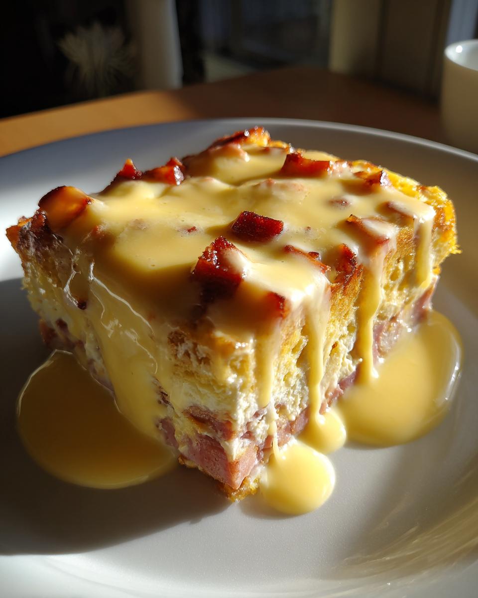 A square slice of keto eggs benedict casserole topped generously with creamy hollandaise sauce and bacon bits.