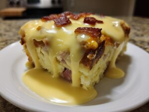 A close-up of a square slice of keto eggs benedict casserole topped with rich hollandaise sauce and bacon bits.