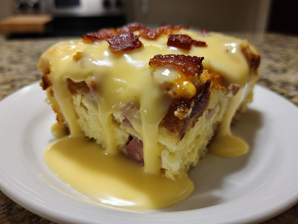 A close-up of a square slice of keto eggs benedict casserole topped with rich hollandaise sauce and bacon bits.