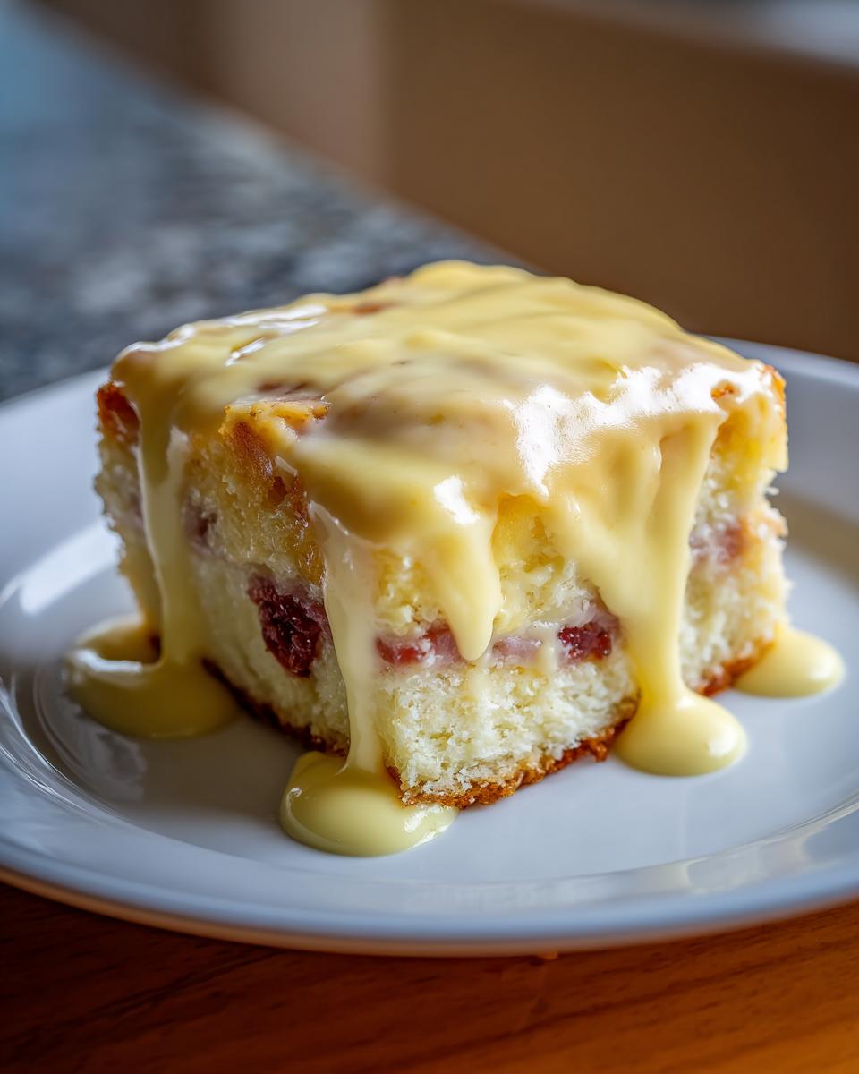A square slice of keto eggs benedict casserole topped generously with a thick, creamy hollandaise-style sauce.