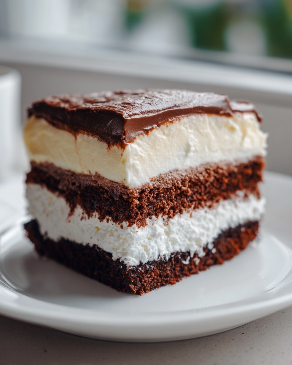 A rich, layered slice of italian love cake featuring dark chocolate cake, white cream, and a smooth chocolate ganache top.