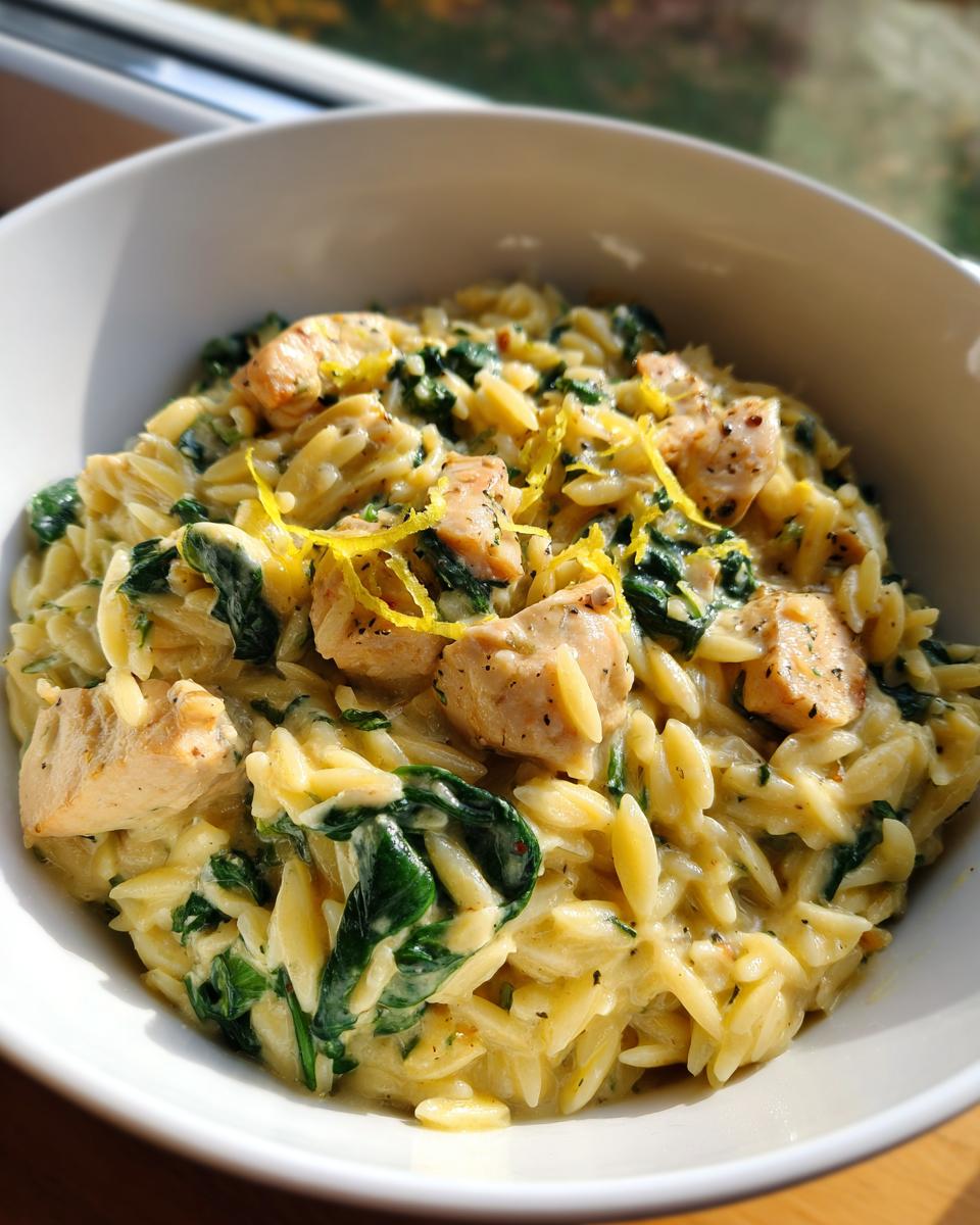 Close-up of creamy lemon chicken orzo pasta mixed with wilted spinach, topped with lemon zest.