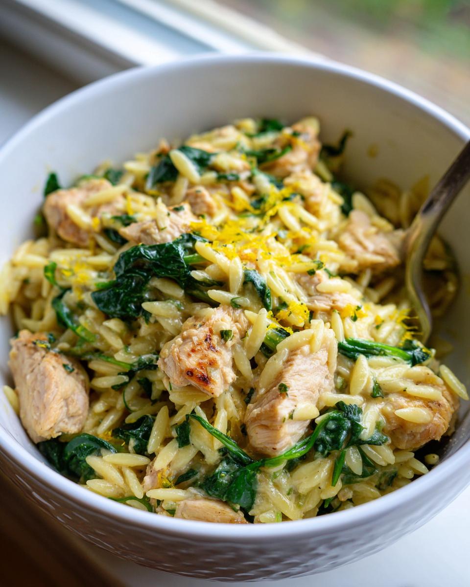 A close-up of creamy lemon chicken orzo pasta mixed with wilted spinach and topped with bright lemon zest.