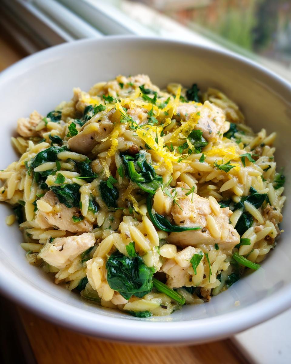 Close-up of a white bowl filled with lemon chicken orzo pasta mixed with wilted spinach and topped with lemon zest.