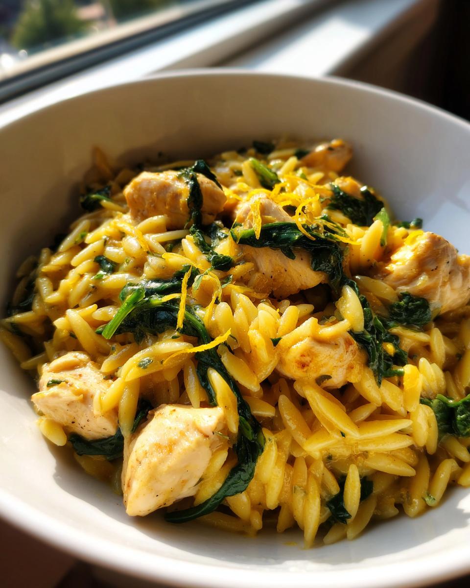 A close-up of vibrant lemon chicken orzo pasta mixed with wilted spinach and topped with lemon zest.