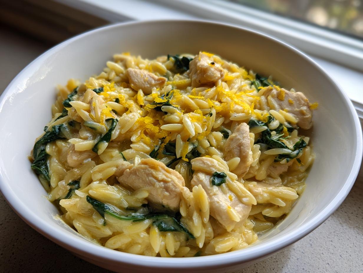 Close-up of creamy lemon chicken orzo pasta with spinach, topped with bright lemon zest.