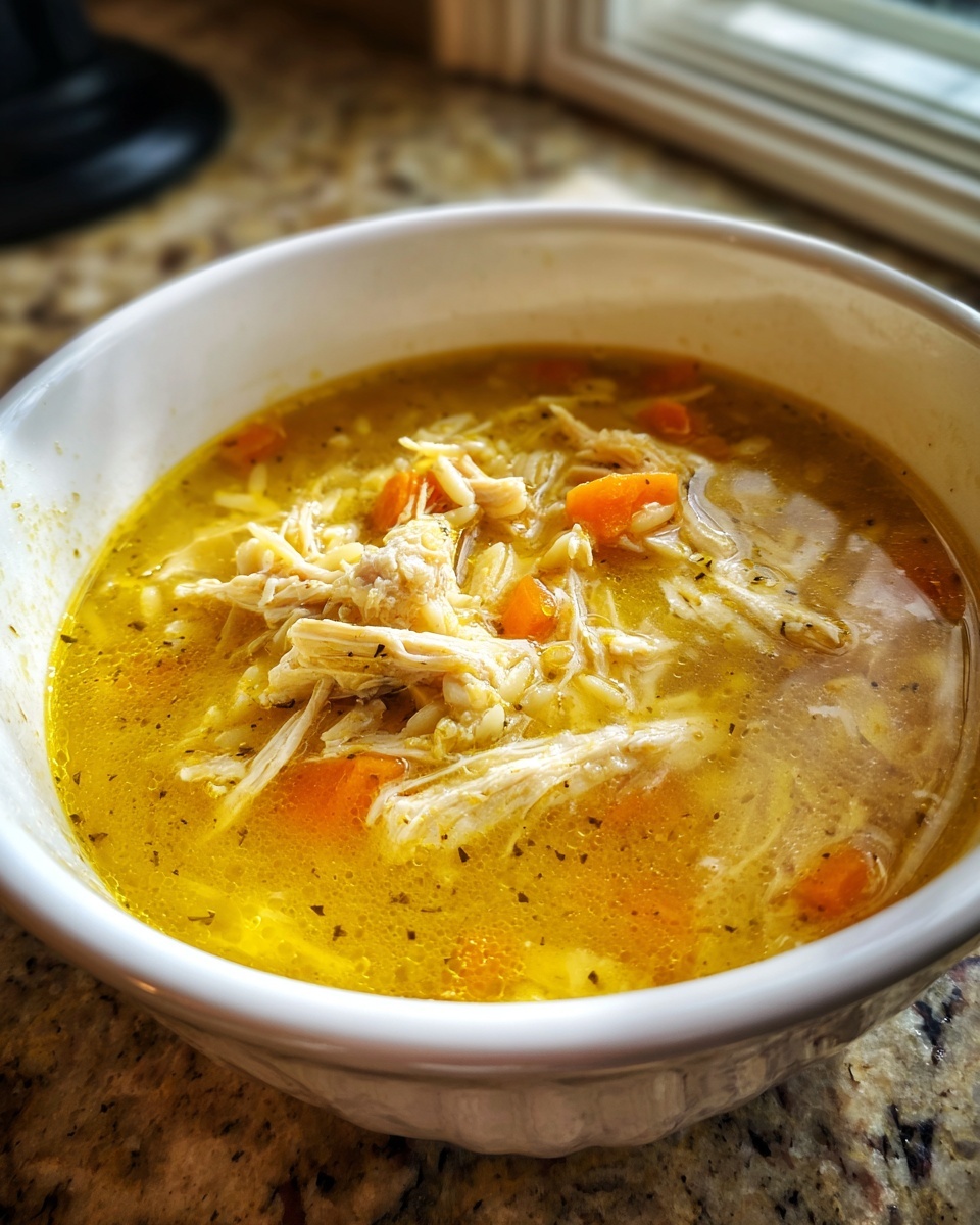Close-up of a white bowl filled with rich, yellow lemon chicken orzo soup, featuring shredded chicken and diced carrots.