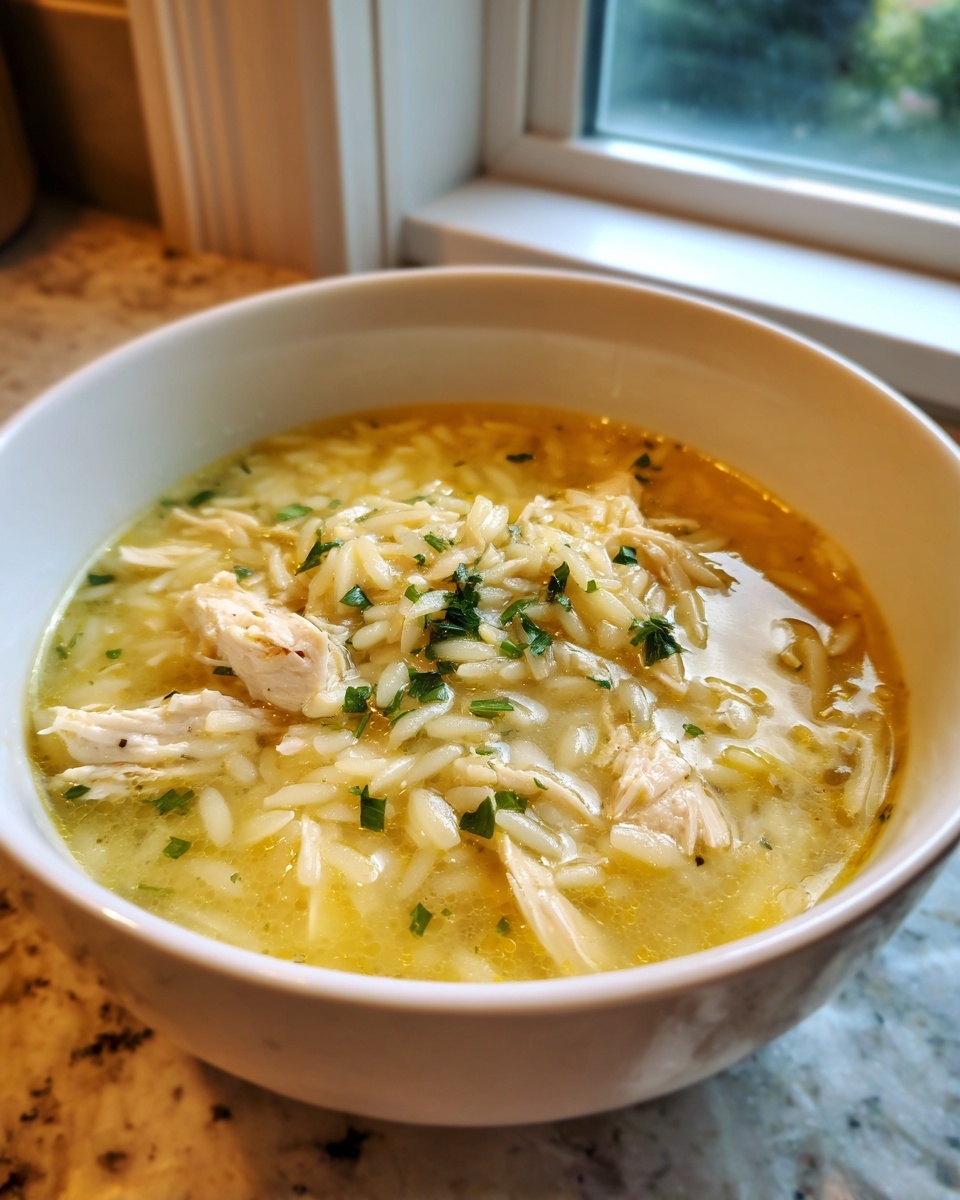 Close-up of a white bowl filled with bright yellow lemon chicken orzo soup, topped with shredded chicken and fresh parsley.