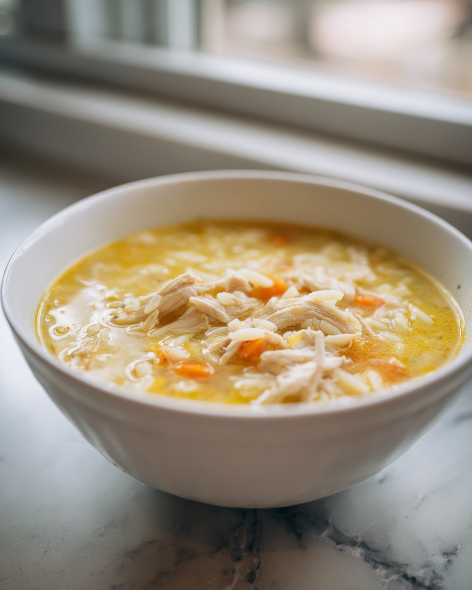 Close-up of a white bowl filled with hearty lemon chicken orzo soup, topped with shredded chicken and carrots.