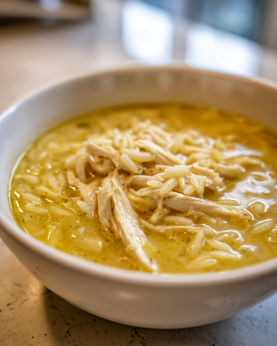 Close-up of a white bowl filled with rich, yellow lemon chicken orzo soup, featuring shredded chicken and orzo pasta.